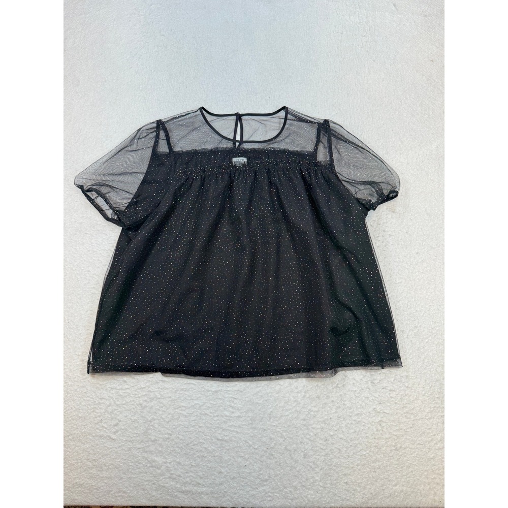 J.Crew Black Metallic Gold Dot Sheer Mesh Puff Sleeve Blouse Top 2X